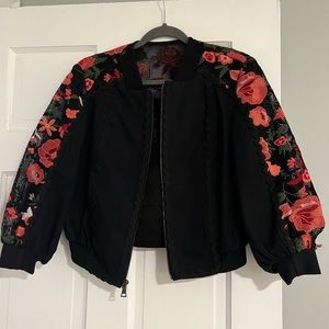 BCBG black and pink flower bomber jacket
